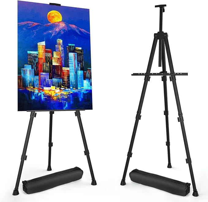 Art Painting Display Easel Stands - Portable Adjustable Floor Artist Easels | Aluminum Metal Tripod Black Stands with Bags, Sturdy for Table-Top/Floor Painting, Drawing, Displaying - 2 pack