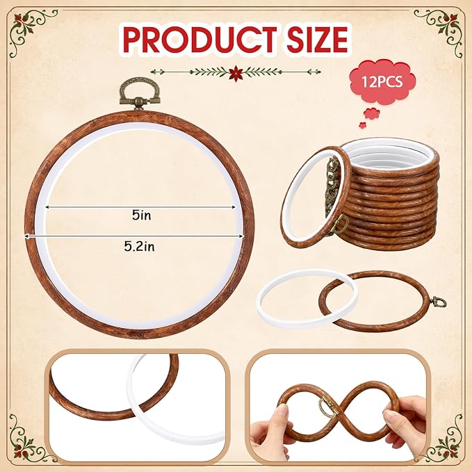 Burbell 5.1 Inch 12 Pcs Fall Round Embroidery Hoops Frame | Small Display Frame Ornaments, Imitated Wood with Metal Hooks, DIY Crafts Sewing Hanging Gifts, Christmas Decor Supplies
