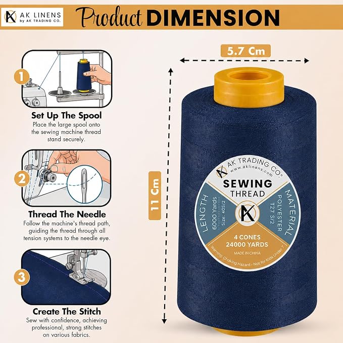 AK TRADING CO. 4-Pack Navy Blue All Purpose Sewing Thread Cones (6000 Yards Each) of High Tensile Polyester Thread Spools for Sewing, Quilting, Serger Machines, Overlock, Merrow & Hand Embroidery