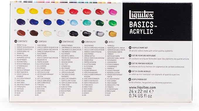 Liquitex BASICS Acrylic Paint Set, 24 x 22ml (0.74-oz) Tube Paint Set | Medium Viscosity, Satin Finish, Lightfast, Fine Art Pigments, Range of Opacities, Easy Blending