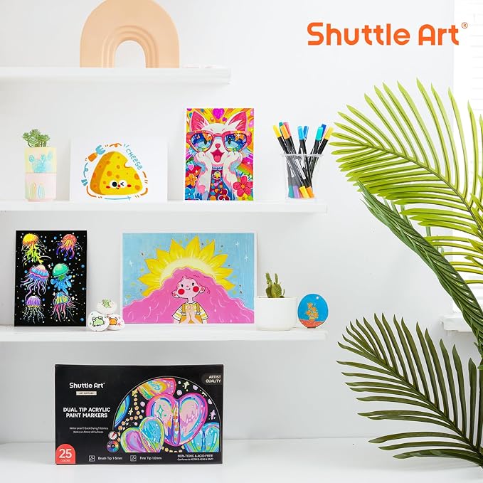 Shuttle Art 25 Colors Dual Tip Acrylic Paint Markers, Brush Tip and Fine Tip Acrylic Paint Pens for Rock, Ceramic, Wood, Canvas, Plastic, Glass, Stone, Calligraphy, Card Making, DIY Football Crafts