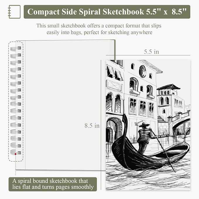 SuFly Small Sketch Book 5.5"x8.5", 2-Pack Mini Sketchbook, Spiral Bound Sketchbook Hardcover with 200 Sheets of 68lb/100gsm Mini Drawing Pad Paper, Small Sketch Pads for Drawing for Adults & Kids.