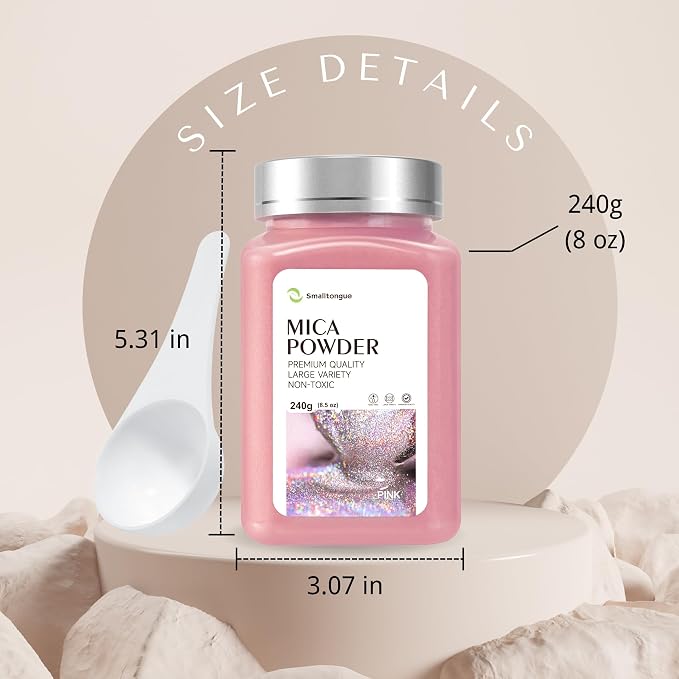 Mica Powder, Pink, 240g with Scoop, Complies with ASTM D-4236 | For Epoxy Resin, Soap, Bath Bomb, Candle| Safety Material| Odorless| Brilliant Colors
