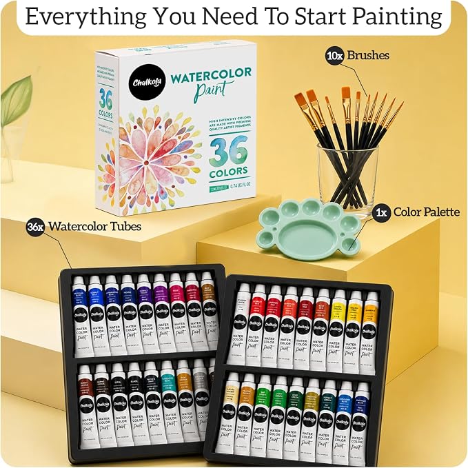 Chalkola 36 Watercolor Paint Set for Adults, Kids & Professional Artists | 36 Watercolor Paint Tubes (12ml, 0.4oz), 10 Painting Brushes & 1 Palette - Vibrant Water Color Art Painting Supplies