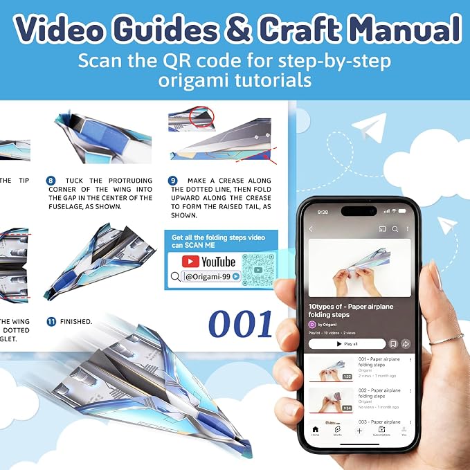 AluAbi Paper Airplane Origami Kit 60 Sheets Book & Video for Kids 6-12