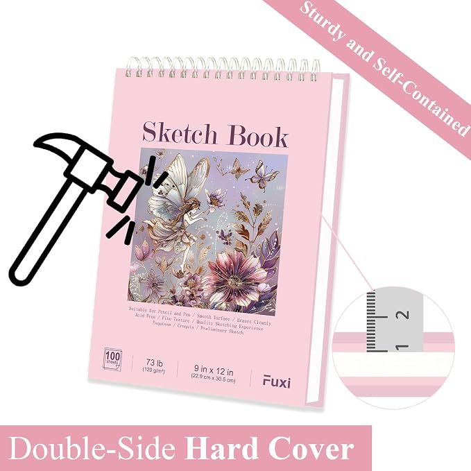 Cute Sketchbook Pink, 9"x12" Sketch Book for Teen Girls, 100 Sheets Girl Sketchbook 73lb/120gsm Drawing Paper for Kids, Art Supplies for Teens 14-16 Girls, Mothers Day Gifts.