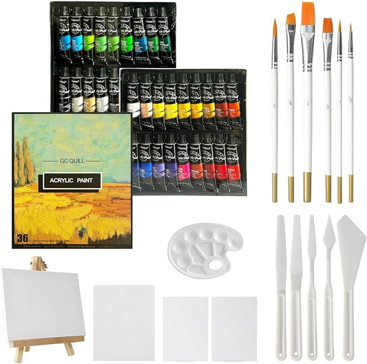 54pcs Art Acrylic Paint Set - Painting Supplies with 36 * 12ml Tubes, Paint Brushes, Palette Knives, Canvas, Easel, Sponge, Palette for Artist Painting on Wood, Ceramics, Fabric, Crafts