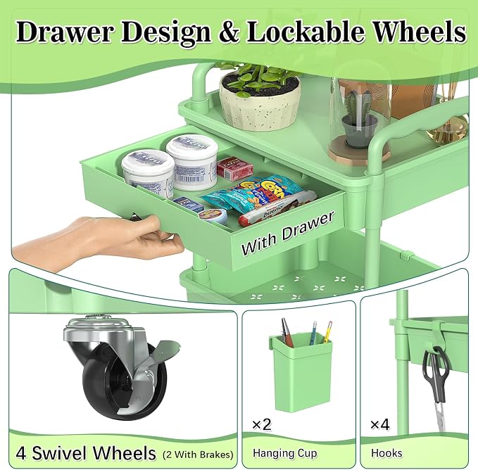 SUNALLY 4 Tier Rolling Cart with Drawer, Craft Storage Cart Organizer,Green