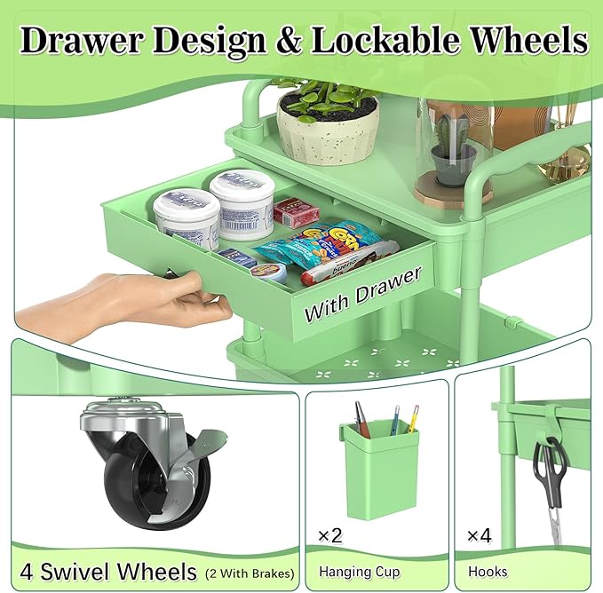 SUNALLY 3 Tier Rolling Cart with Drawer, Craft Storage Cart Organizer,Green