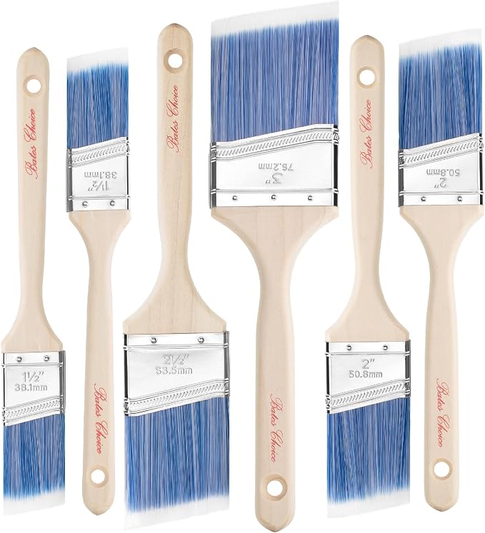 Bates Angle Paint Brushes, 6 Pack - Assorted Sizes, Treated Wood Handle, for Walls & Furniture