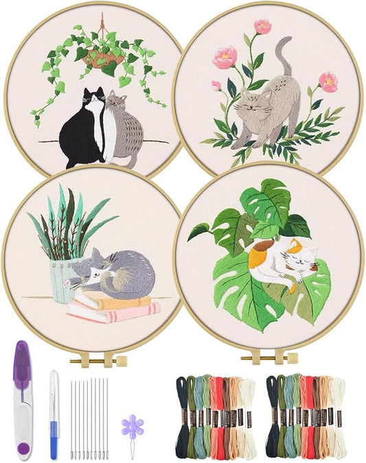 ERKOON 4 Sets Embroidery Kit for Beginners,Hummingbird and Flower Cross Stitch Set for Include Embroidery Cloth Hoops Threads for Craft Lover Hand Stitch (Cat)
