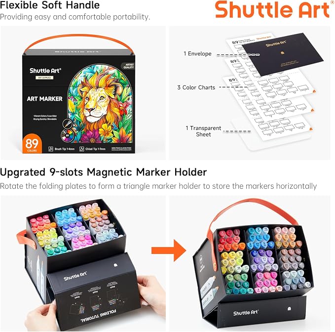 Shuttle Art Brush Tip Alcohol Markers, Dual Tip Brush & Chisel Tip Art Marker Set, 89 Colors Marker Pens with Organized Case Perfect for Illustration Kids Students Adults Coloring Sketching