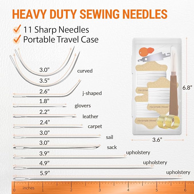 VONEEDL Upholstery Repair Kit: Waxed Sewing Thread (3 Rolls - White Color) & Heavy Duty Needles (11 PCS) for Leather, Canvas & Quilting Thread