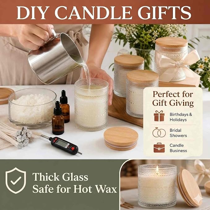 DARJEN 12 Pcs 10 oz Glass Candle Jars with Lids, Candle Tins-Clear | Thick Wall Ribbed Glass, Airtight Wood Lids- The go to candle jar for DIY, thoughtful gifters, growing candle brands