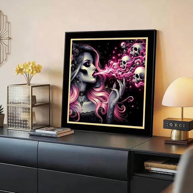 5D Gothic Skull Diamond Art kits for Adults Beginners 13.7x 13.7 Inch | Pink Hair Lady Diamond Painting Kit, DIY Full Round Drill Paint by Diamonds Dot Gem Art for Adult, Home Wall Decor