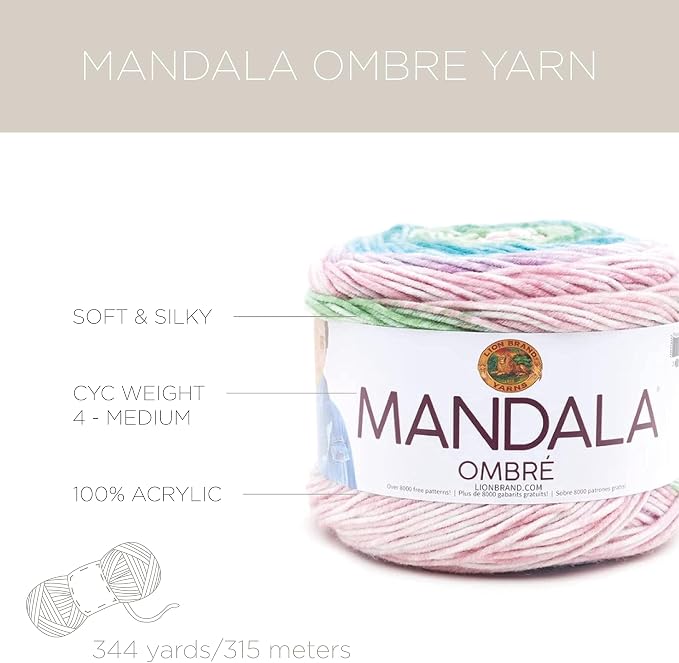 Lion Brand Yarn, Mandala Ombré Yarn, Tranquil, Rainbow Multicolor, 3 Pack | Variegated Yarn for Crochet, Knit, Crafts, Soft, Acrylic Fiber for Blankets, Worsted Weight Sweaters, Colorful Shawls