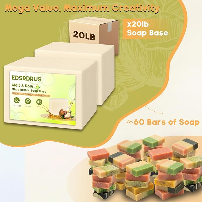EDSRDRUS 20lb Unscented Melt and Pour Soap Base, Fragrance-Free Bulk Glycerin Soap Making Supplies for Professionals – Upgraded Smooth Formula, Silky Melt & Fine Foam (Shea Butter, 20 Pound)