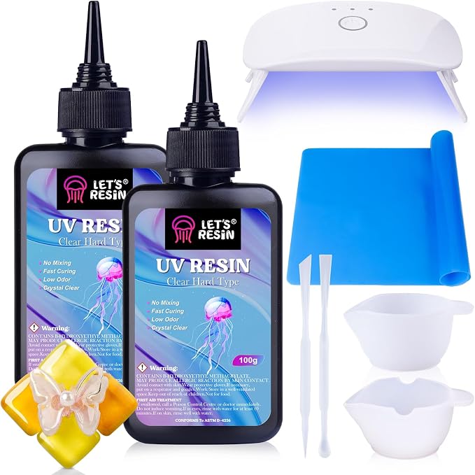 LET'S RESIN UV Resin with Light, Upgraded 200g Starter Kit for Jewelry | Crystal Clear, Low Odor, Anti-Yellowing, Fast Cure, Low Shrinkage, Low Viscosity for UV Jewelry, Earrings, Necklace, Keychain