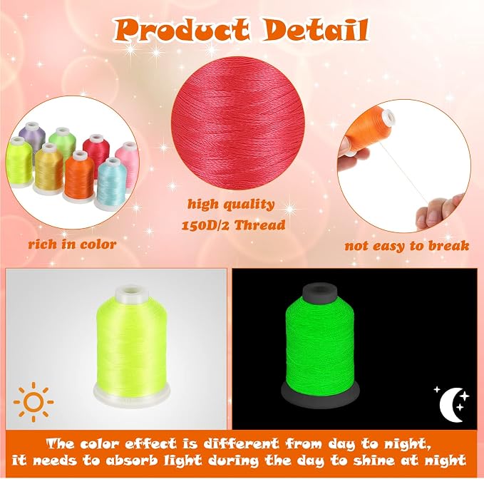 Nuanchu 12 Colors Glow in The Dark Embroidery Thread, 550 Yard