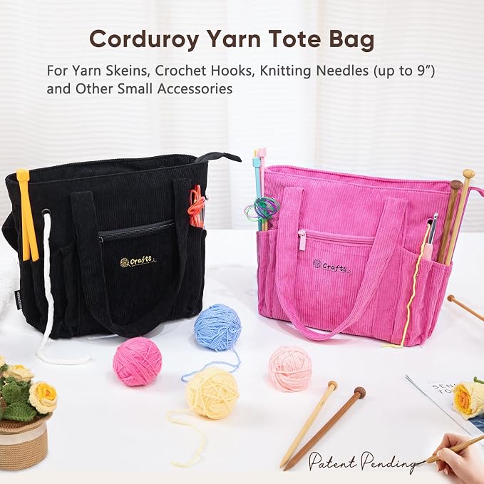 MYBAGZING Crochet Bag and Tote - Corduroy Yarn Bag - Yarn Holder for Crocheting - Crochet Storage Bag for Crochet Hooks, Crochet Accessories, Knitting Bag for Crochet Lovers, Mom Gift