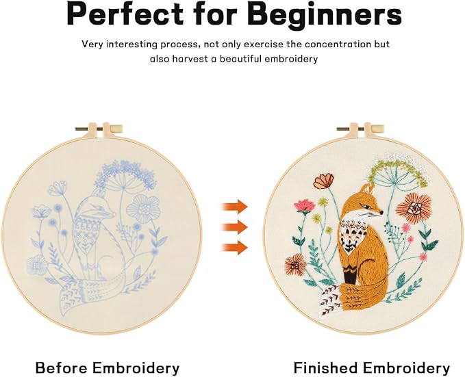 Beginner Fox Embroidery Kit for Adults, Pre-Printed with Video Tutorial