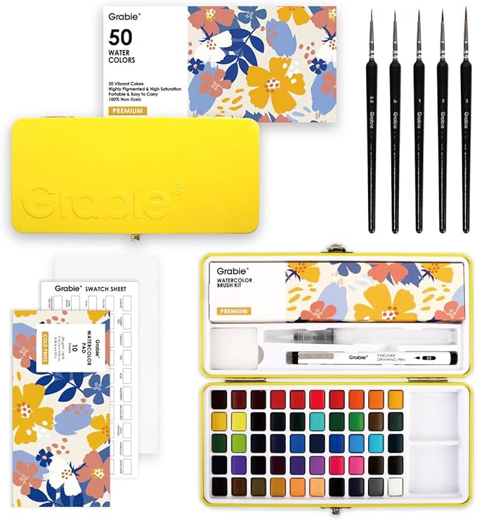 Grabie Set of 50 Color Premium Watercolor Paint Set with Detail Brushes | High Pigment Paints, Rich Color Mixing, Portable Travel Case, All-In-One Art Kit, Watercolor Painting
