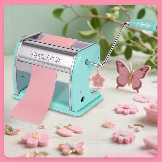 Polymer Clay Press Machine,Clay Roller Machine,Includes Clamp and Hand Crank,Stainless Steel Polymer Clay Tools for Clay Earring Making,7 Adjustable Thickness Setting Clay Pasta Machine-Green