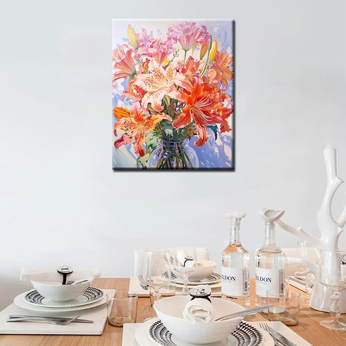 Flowers in Vase Paint by Numbers Kits 16x20 inch Canvas DIY Oil Painting for Kids, Students, Adults Beginner with Brushes and Acrylic Pigment - Colorful Blooming Flowers Photo Gift(without Frame)