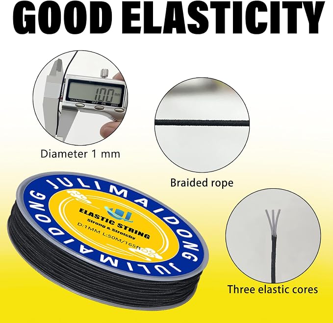 1.0mm Elastic Bracelet String Cord, Crystal Stretch Bead Cord for Bracelets Jewelry Making, Clear Stretchy Elastic String for Beading, Transparent Thread (1.0MM(Black)/165ft)