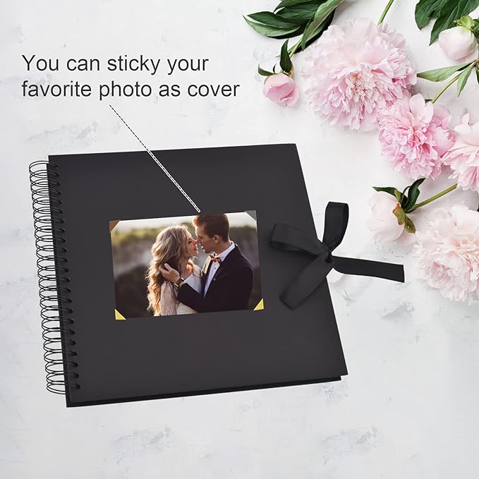 GOTIDEAL 12 x 12 Inch Scrapbook Album with 10 Metallic Markers, Black | 80 Pages Craft Paper Photo Album for Wedding and Anniversary, Family DIY Photo Album with Scrapbooking Stickers Corners