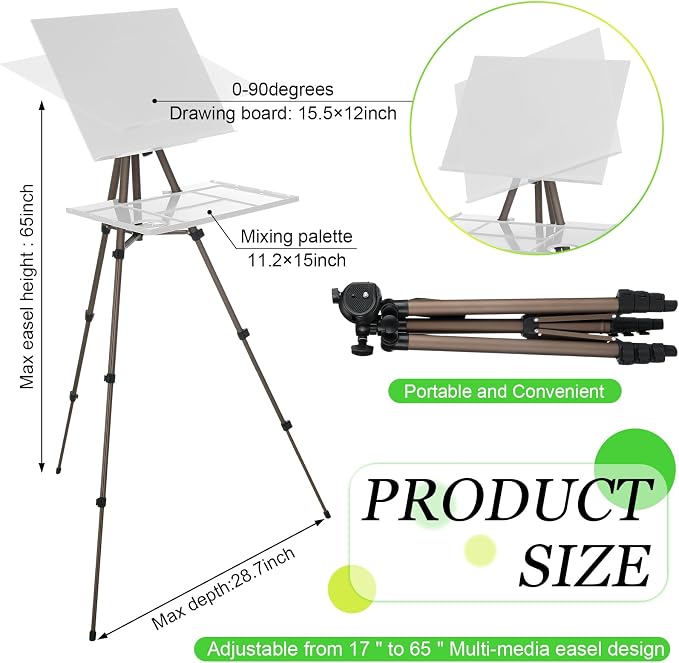Ireer 17-65 Inch Artist Watercolor Portable Easel with Sturdy Tripod Adjustable Aluminum Metal Easel Stand with Tray Lightweight Travel Easel for Painting Canvas Kids Adults Tabletop Floor Display