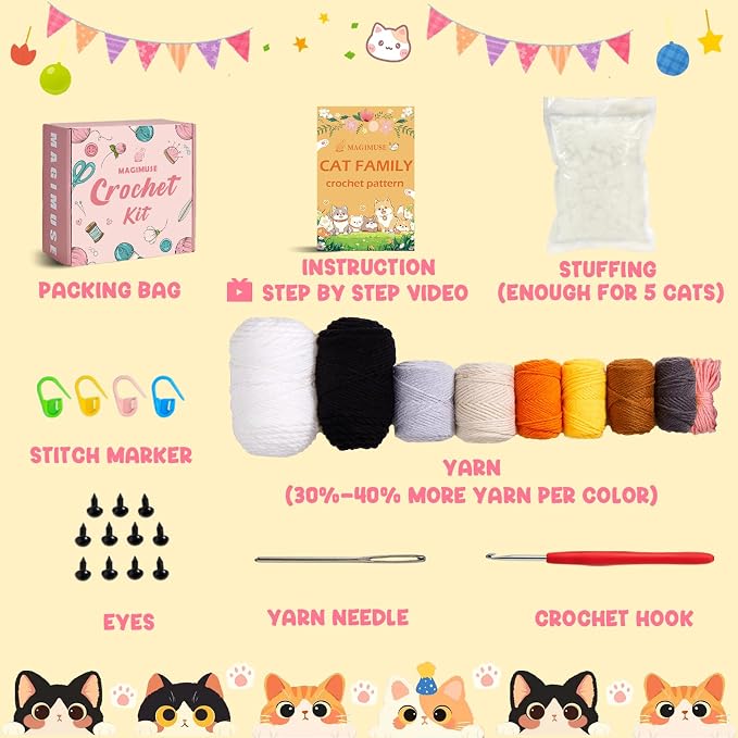 MAGIMUSE Crochet Kit for Beginners, 5 Cat Crochet Amigurumi Craft Kit