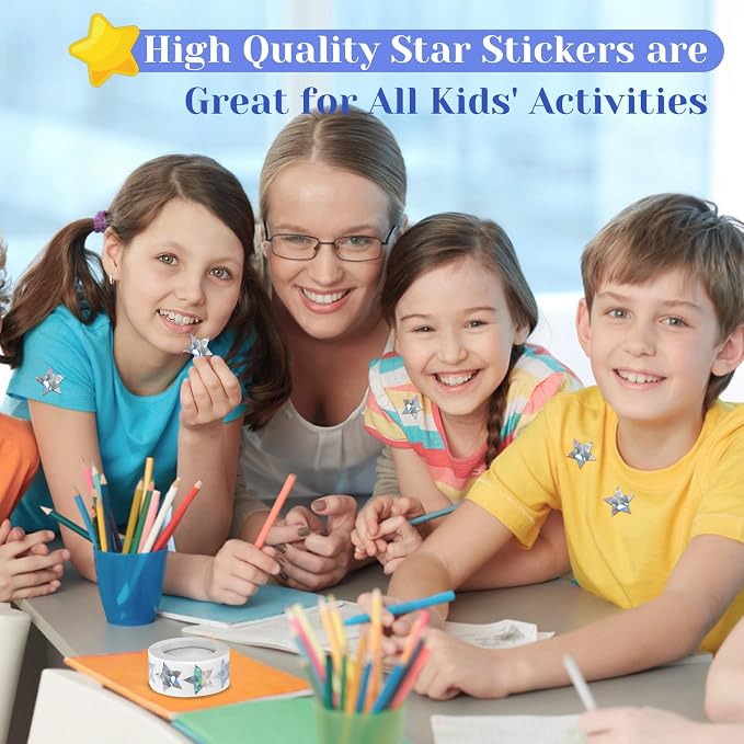 Imeepa 500PCS Holographic Silver Star Stickers, 1" Reward Labels