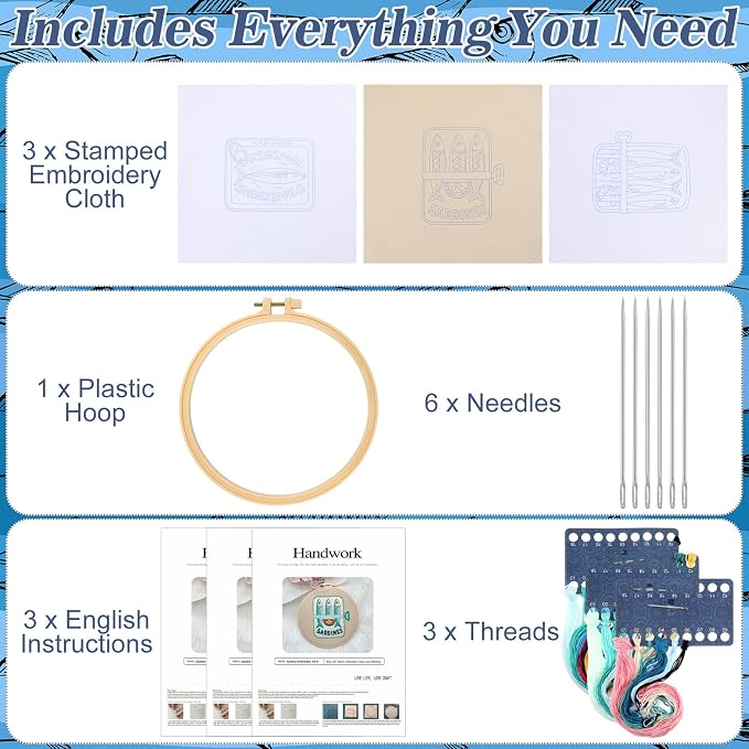Mindsoft 3 Set Needlepoint Kit for Beginners with Hoop,Sardine | Bamboo Hoop Thread Needles Instructions, Easy Hand Embroidery for Beginners Home Crafts,Pre-stamped Funny Cute Designs