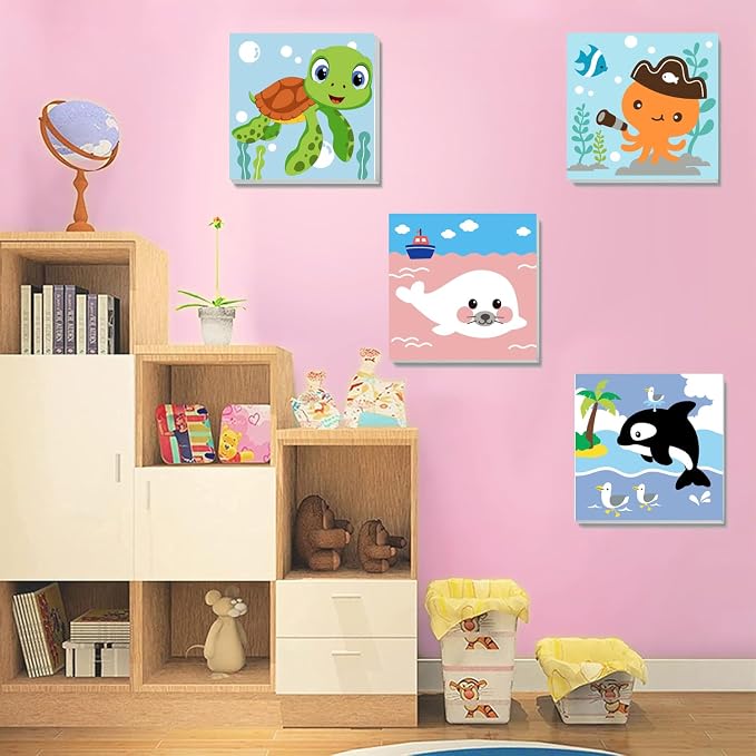 MXCFZX 6 Pack Framed Paint by Numbers Kit for Kids,Cute Sea Animals Painting Kits for Ages 4-6-12,Easy Paint by Number Kids Paint for Beginner,DIY Acrylic Oil Painting Kit for Wall Decor(8X8inch)
