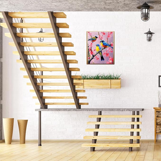 Wooden Framed Paint by Numbers DIY Acrylic Painting Kit for Kids & Adults Beginner – 16" Wx12 L Colorful Bird Pattern