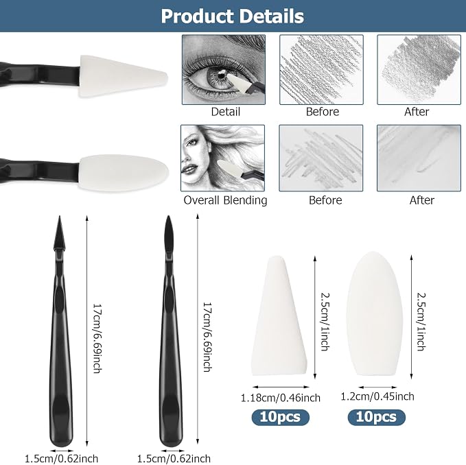 AGPTEK 48 PCS Sketch Drawing Tools, 20 Blending Stumps Set