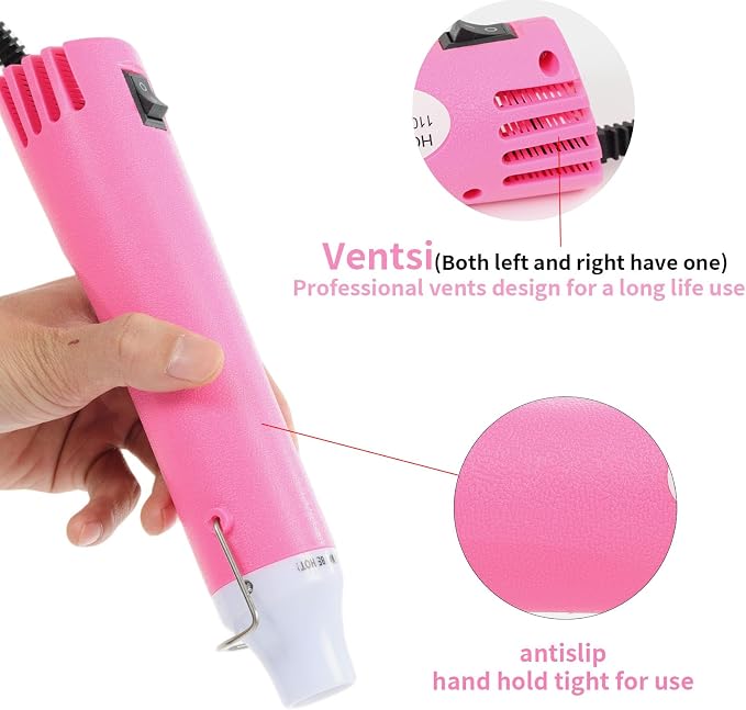 Heat Gun 300W, Handed Hot Air Gun for Crafting and DIY (Pink) | 3.28FT Ultra-Long Cable Portable Heat Gun with Stand and Power Cord for Shrinking Wrapping PVC and Drying Paint