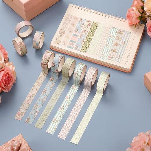 Gueevin 24 Rolls Floral Washi Tapes Set Scrapbook Supplies, Vintage | 15 mm Watercolor Flower Washi Tapes, Back to School DIY Craft Arts, Junk Journaling Planner Gift Wrapping Supplies