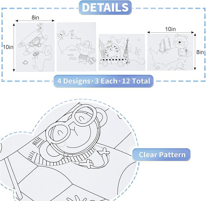 Pre Drawn Painting Canvas for Painting, 8 x 10 Inch Canvas Boards 12 Pack (Animal Travel Designs), Canvas Panels for Acrylic Paint, Watercolor, Markers & DIY Craft Projects