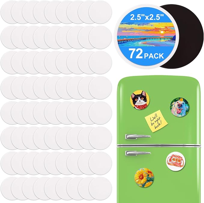 72Pack 2.5x2.5IN Round Mini Canvas Magnets, Small Magnetic Paint Canvas | Non-toxic, Ideal for Acrylic, Watercolor, Oil Painting, DIY Magnet Kit, Refrigerator Decor