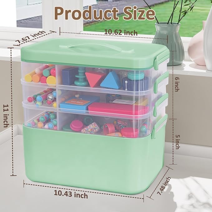 Gifhomfix 4-Layer Plastic Craft Organizers and Storage Box with Removable Trays, Storage Containers with lids and Handle, Art Supply Storage Organizer for Organizing Bead, Sewing, Tool（Green）