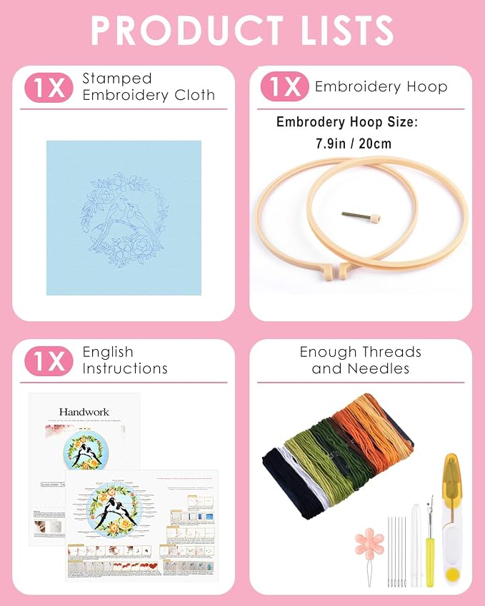 TINDTOP Embroidery Kit for Beginners Adult, Bird Embroidery Kit | Include Embroidery Cloth Hoops Threads for Craft Lover Hand Stitch with Embroidery Skill Techniques