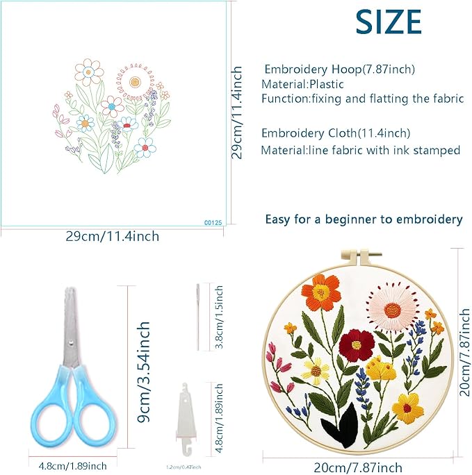Zhenqing Wildflower Embroidery Kit for Beginners, Floral Needlework Kit with Pre-Printed Cotton Fabric, Hoop, Threads & Tools, Flower Wall Decor (C0125)
