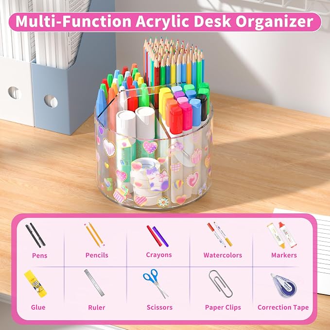 Acrylic Pencil Organizer for Desk Crayon Organizer with Adhesive Sticker | Rotating Art Supply Organizer with Kawaii Sticker, Spinning Marker Holder Organizer for Kids Small Lazy Susan with 4 Dividers
