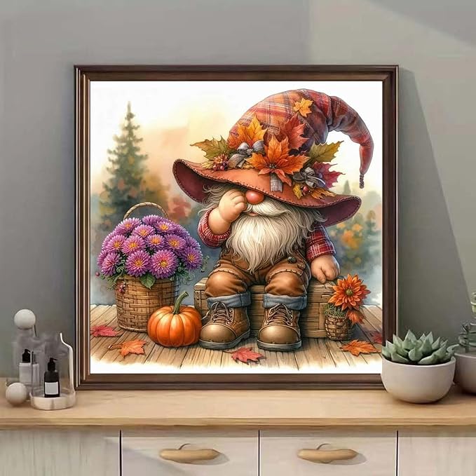 mrpwnle Fall Diamond Art Kits for Adults, Gnome Diamond Painting Kits | Fall Gnomes Diamond Art Painting Kits for Adults Beginners, 5D Round Full Drill Crafts Kit for Home Wall Decor 13.8x13.8 inch