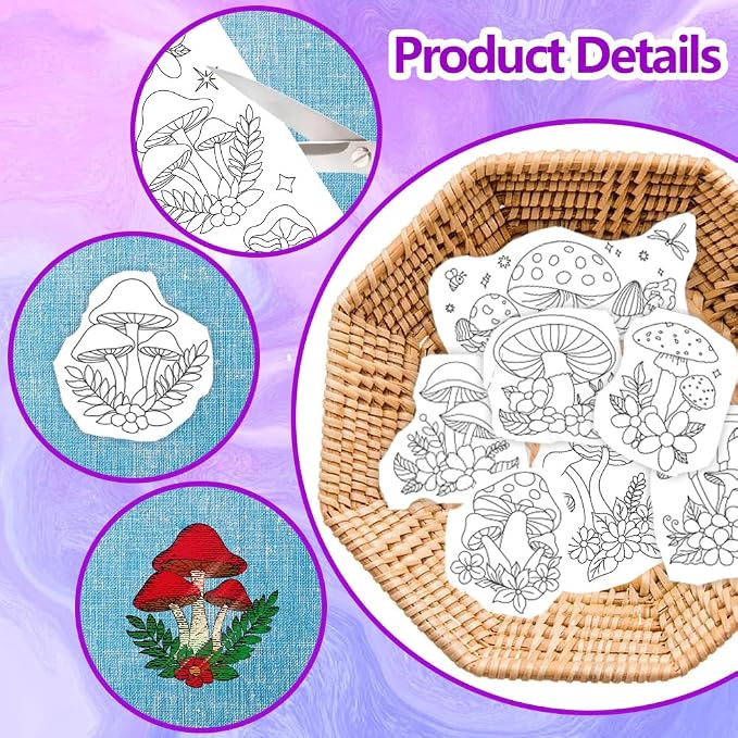 ORIGACH 4 Sheets Large Water Soluble Embroidery Patterns Stabilizers - Pre-Printed Mushroom, Moon, Star & Flower Hand Sewing Stabilizers- Stick & Stitch Embroidery Patterns for Hand Sewing Beginner