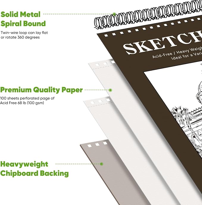 Soucolor 8x10 Sketch Book, 100 Sheets, 68lb Acid-Free Spiral Bound Pad | 68lb acid-free paper, no bleed-through, lay-flat spiral binding — perfect for kids, students & artists. Portable 8x10 size