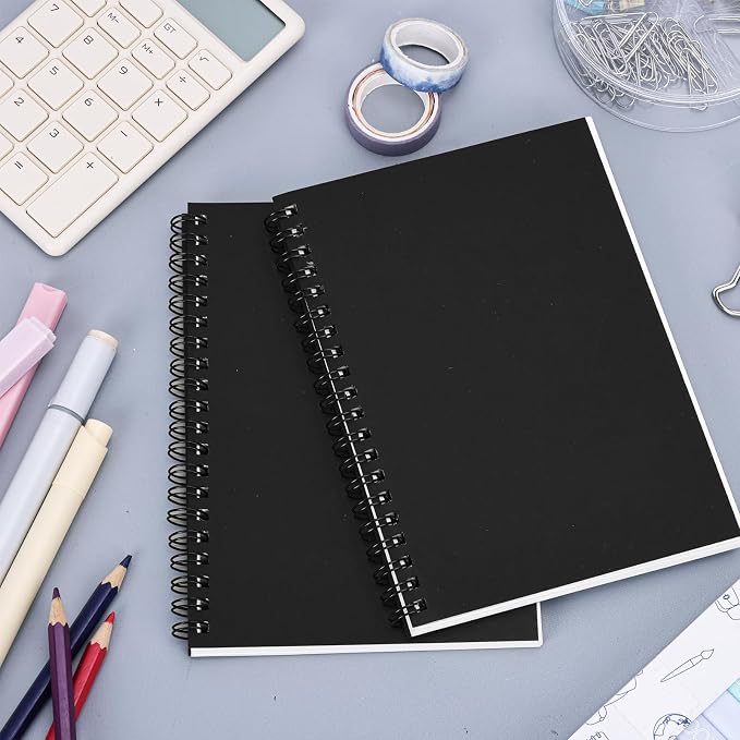 EOOUT 2 Pack Blank Spiral Notebooks B6 Sketchbooks, 140 Pages / 70 Sheets, Unlined Journals 5 x 7in 100GSM for Drawing, Art, Students, Office (Black)