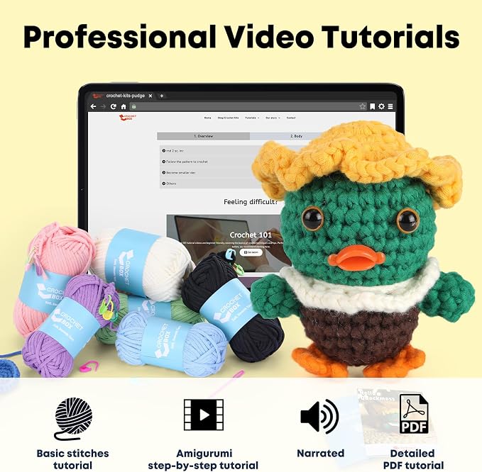 CrochetBox Crochet Kit for Beginner, Duck Easy Learn How to Crochet Stuffed Animals Gift for Adults and Teen(), Knitting Set with Yarn Hook Stitch-by-Stitch Video Tutorial(30%+ Yarn)